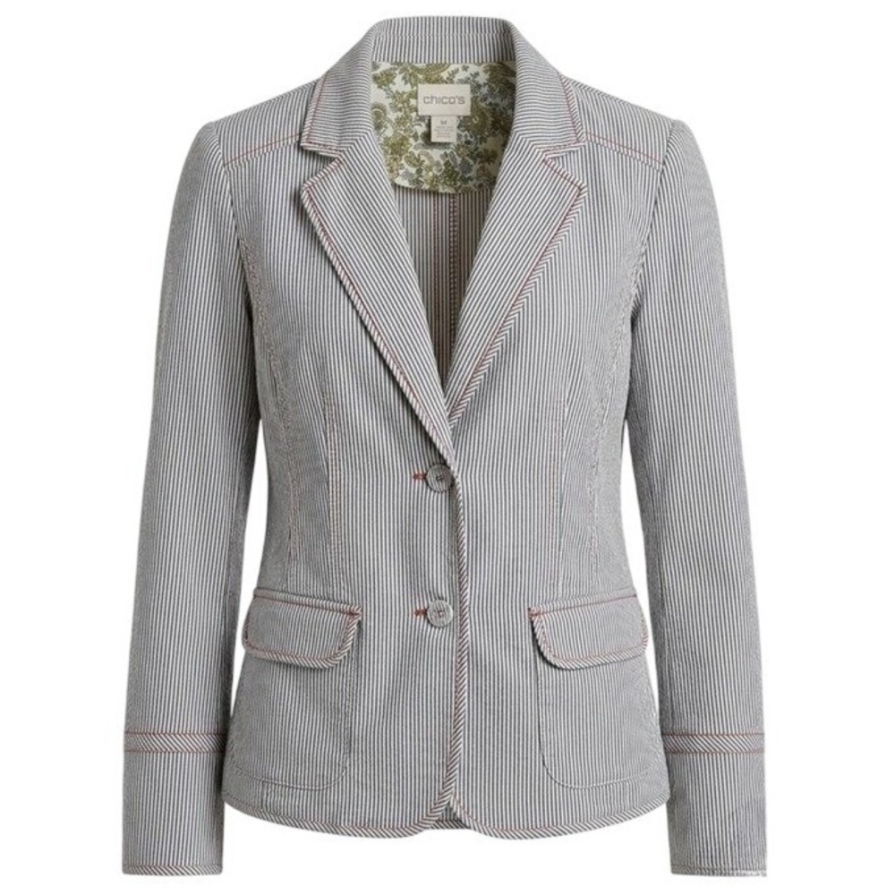 Chico's Seersucker Striped Blazer Women 1 Blue White Red Stitching Floral Lining